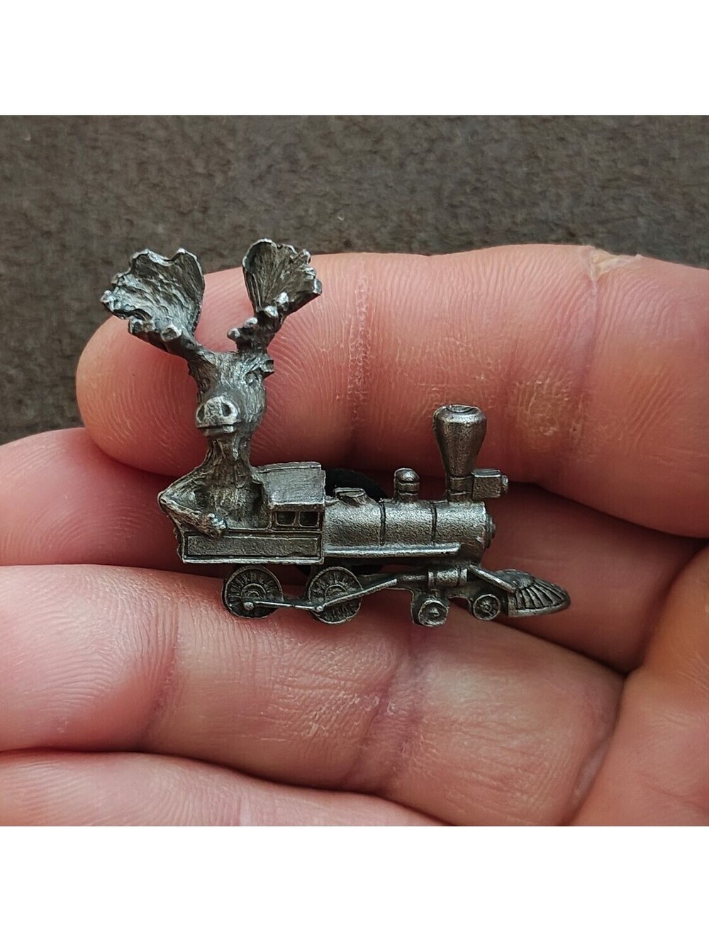 1980s/90s Rare Moose Riding a Locomotive Train Pewter Pin